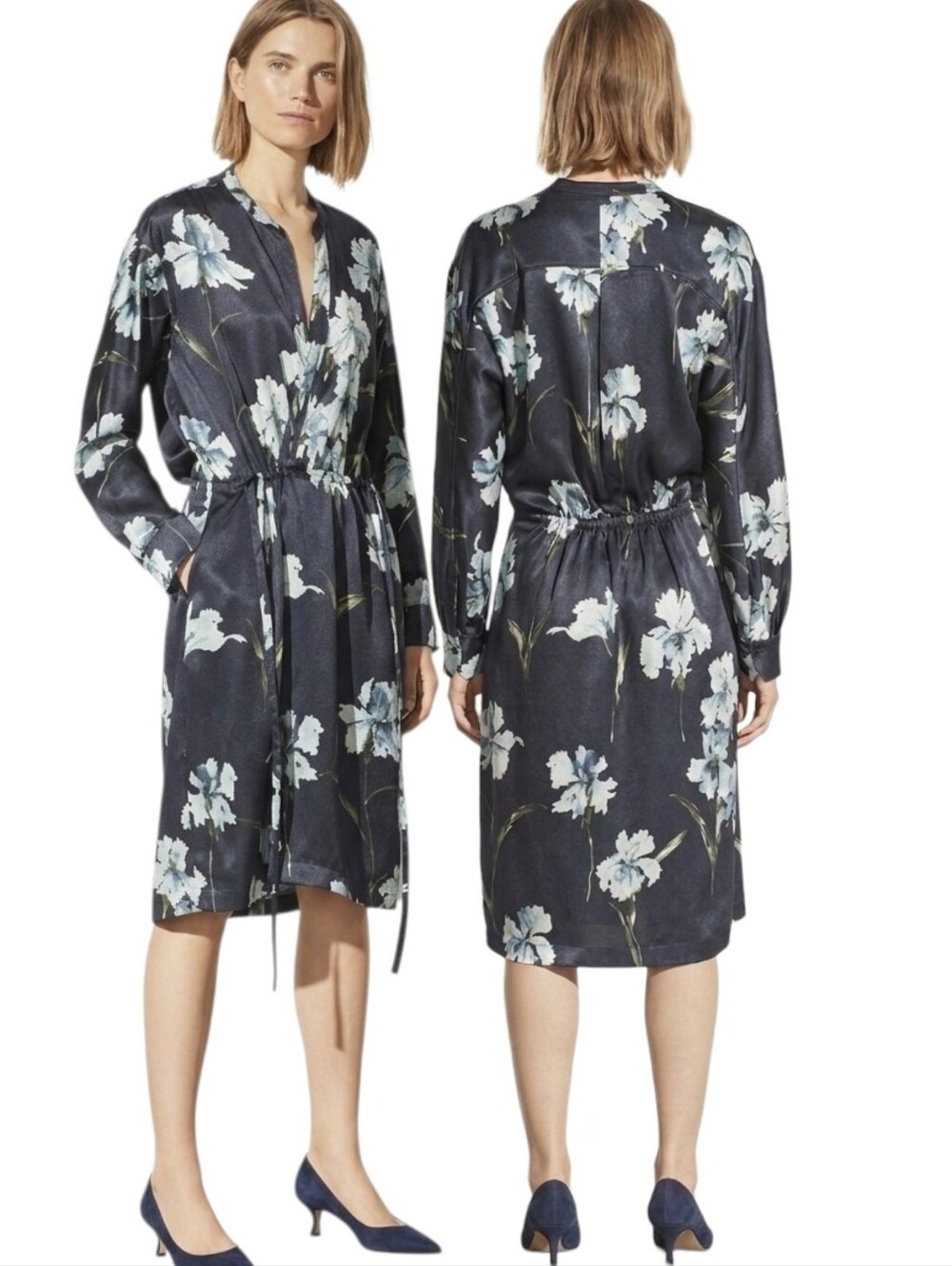 VINCE Satin Iris Print Blouson Dress - Size S
